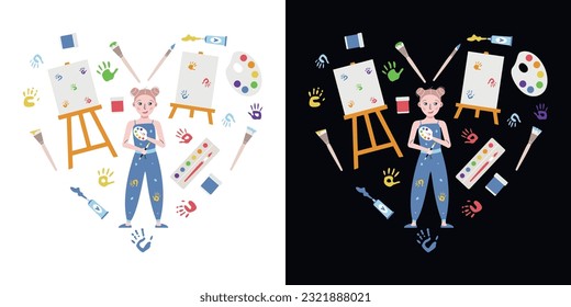 Flat vector painting tools in childish style. Hand drawn heart shaped art supplies. Clipart elements isolated on white background