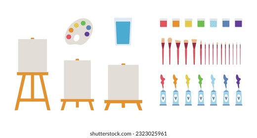 Flat vector painting tools in childish style. Hand drawn art supplies, paint brush, palm, gouache, acrylic, easel, palette. Clipart elements isolated on white background