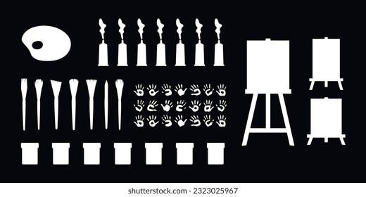 Flat vector painting tools in childish style. Hand drawn art supplies, paint brush, palm, gouache, acrylic, easel, palette. Clipart elements isolated on white background