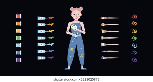 Flat vector painting tools in childish style. Hand drawn art supplies, paint brush, palm, kid with palette. Clipart elements isolated on white background
