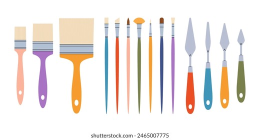 Herramientas de pintura de Vector plano en estilo infantil. Artículos de arte dibujados a mano, cuchillos de paleta, pinceles para acrílico, gouache. Elementos Clipart aislados sobre fondo blanco