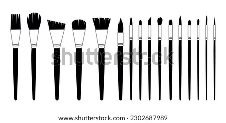 Flat vector painting tools in childish style. Hand drawn art supplies, paint brushes for acrylic, gouache. Clipart elements isolated on white background