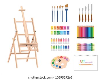 Flat vector of painting tools or equipment for artist including art stand, paintbrush, knife, colorful pencil, crayons, acrylic and water colors with wood palette. Creative art tools illustration.