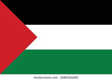 Vector plano de la bandera nacional de Palestina con rayas Horizontales negras, blancas y verdes con triángulo rojo. Diseño limpio y minimalista ideal para Web, impresión y uso educativo.