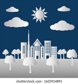 flat vector papaer cutting of the city with white buidlings, trees, sunshine and clouds on the blue sky