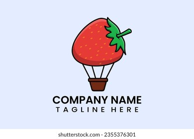 Flat vector parachute balloon strawberry fruit logo modern style template