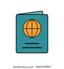Icono plano del pasaporte del Vector con el símbolo amarillo del globo en la cubierta azul para el concepto del viaje y de la inmigración