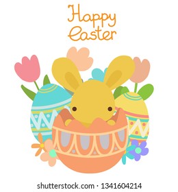 Flat vector pastel cute kawaii rabbit, bunny with spring flowers in the decorative colored easter egg with different eggs