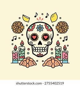 Flat Vector Pastel Dia de los Muertos Celebration Set