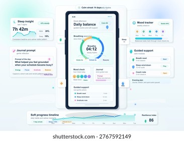 Flat vector pastel mobile wellness app interface with breathing timer, sleep insights, mood tracker, journal prompts and daily care panels