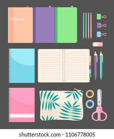 Flat vector pastel-colored school office supplies illustration set