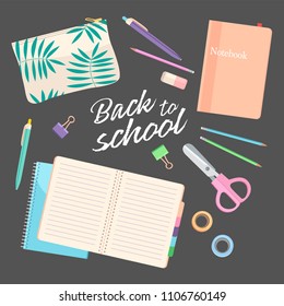 Flat vector pastel-colored school supplies illustration set