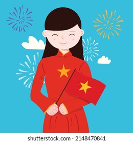 Flat vector of patriotic girl holding Vietnam flag. Vietnam Liberation day. Vietnam National Day. Vietnam Independence Day. Viet girl with costume.