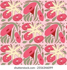 Flat vector pattern. Abstract pink flowers, green leaves, soft background. Decorative hand-drawn botanical style. Ideal for wallpapers, textiles, wrapping paper, crafts. Minimalistic, organic, retro