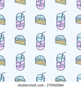 Flat vector pattern cola and cake / colors blue pink orange