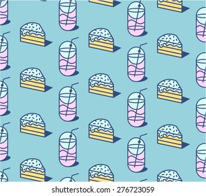 Flat vector pattern cola and cake in space / colors pink orange blue background