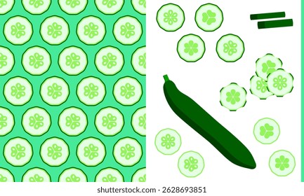 Flat vector pattern and cucumber with fresh slices