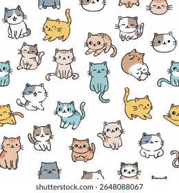 Padrão de vetor plano de gatos fofos, sem emenda e full-frame, contornos em negrito, cores sólidas, alta resolução, perfeito para impressões, POD, digital, fácil traçado vetorial, design limpo
