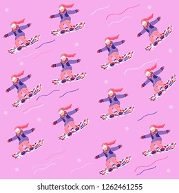 Flat vector pattern with female snowboarders in bright sportsuits and long pink hair. Seamless texture in a flat style. Template for post cards, flyers, textile, fabric, wallpaper, wrapping paper.