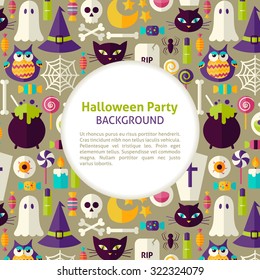 Flat Vector Pattern Halloween Party Background. Illustration for Halloween Holiday Promotion Template. Colorful Trick or Treat Objects for Advertising. Corporate Identity with Text