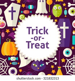 Flat Vector Pattern Halloween Trick or Treat Background. Flat Style Vector Illustration for Scary Halloween Party Promotion Template. Colorful Scary Holiday Objects for Advertising