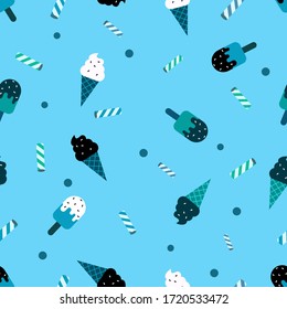 flat vector pattern ice cream design, with a light blue background, contrast with white and black chocolate