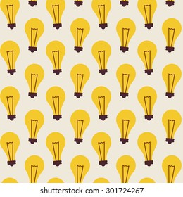 Flat Vector Pattern with Light Bulbs. Business Idea Lamp. Flat Style Texture Background. Science and Education Template. Back to School. Success and leadership. Office Life. Electricity