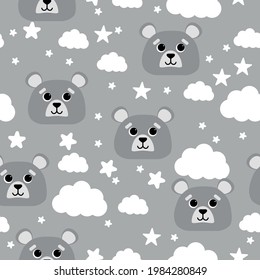 flat vector pattern of Little bear with clouds. cute pattern with air bras for children's party, textiles and cards