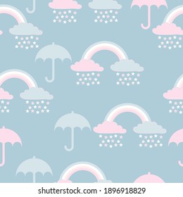 flat vector pattern with rainbow and umbrellas. cute clouds with rain. textiles for the child. multicolored rainbow with clouds.