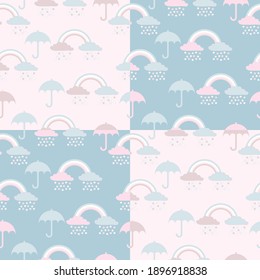 flat vector pattern with rainbow and umbrellas. cute clouds with rain. textiles for the child. multicolored rainbow with clouds.