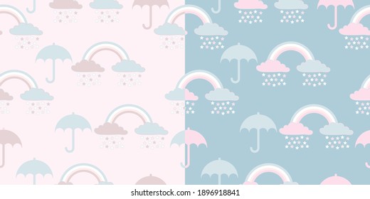 flat vector pattern with rainbow and umbrellas. cute clouds with rain. textiles for the child. multicolored rainbow with clouds.