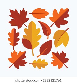 Flat vector pattern set featuring assorted autumn leaves including maple, oak, and birch foliage in warm red, orange, and yellow shades isolated on white.