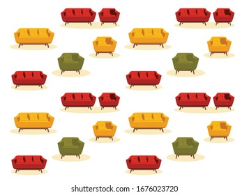 flat vector pattern with sofas and chairs on a white background