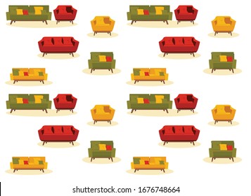 flat vector pattern with sofas and chairs on a white background