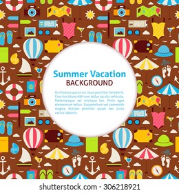 Flat Vector Pattern Summer Vacation Background. Flat Style Vector Illustration for Summer Holiday Promotion Template. Colorful Resort Tropical and Marine Objects for Advertising.