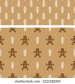 Flat vector patterns with gingerbread men and fir branches on kraft background. Seamless Christmas backgrounds for wrapping paper, wallpapers, holiday invitations and greeting cards