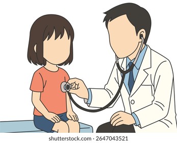 Flat vector pediatrician using stethoscope to listen girl heartbeat while she sits calmly on the examination table. Healthcare provider monitoring heartbeat during checkup. Doctor examining pulse.