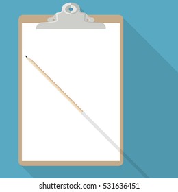 flat vector pencil and A4 blank paper sheet with clipboard on blue background with long shadow effect