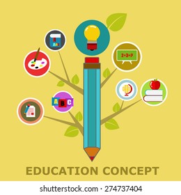 Flat vector pencil education infographic template with different bright icons and elements. School concept