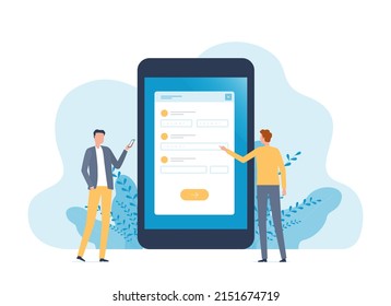 Flat vector people business team working development mobile application form registration online concept 