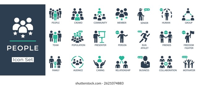 Conjunto de ícones de pessoas de vetor plano. Incluindo símbolos de equipe, comunidade, multidão, família, negócios, amigos, colaboração, relacionamento, apresentador, público e grupo.
