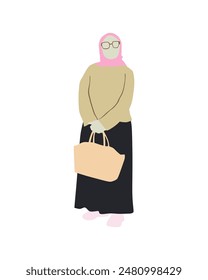 Flat vector people and illustration, hijab woman with casual outfit, holding bag