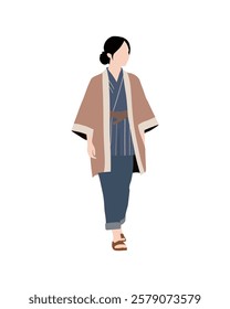 Flat vector people and illustration, woman with japanese traditional outfit