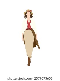 Flat vector people and illustration, woman with casual vintage outfit