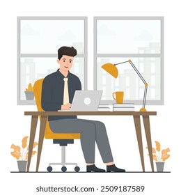 Trabajadores de oficina de personas de Vector plano trabajando, ilustración de concepto de conjunto de escritorio
