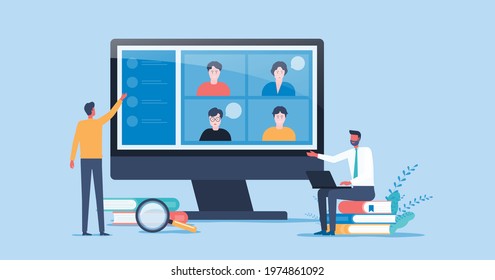 flat vector people online video conference for meeting with remote technology working and people work from home and business smart working online connect anywhere concept