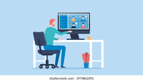 flat vector people online video conference for meeting with remote technology working and people work from home and business smart working online connect anywhere concept