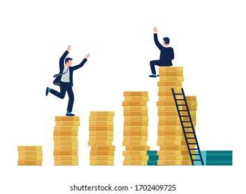 Flat vector people running up the stairs made of coins - investment, leadership, succesful busines concept