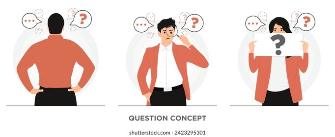 Flat vector people shrugging doubt asking questions flat illustration