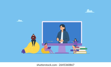 Pessoas de vetor plano estudando on-line, educação on-line e e-learning em casa através de treinamento de webinar. Ilustração de design para webinar, treinamento em vídeo online, podcast de tutorial e treinamento de negócios.